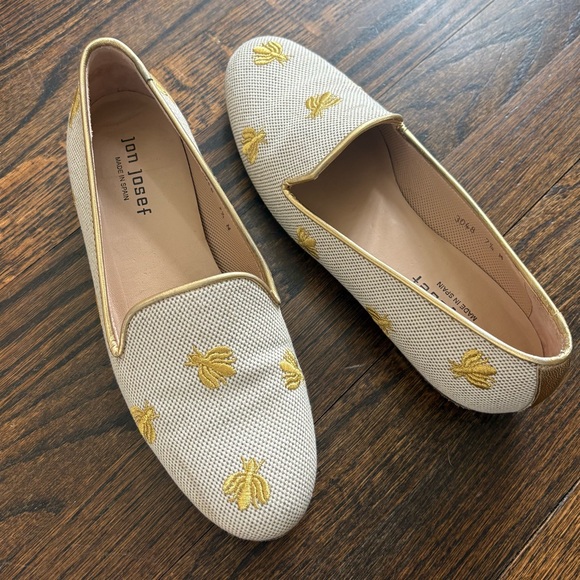 Jon Josef Shoes - Jon Josef White and Gold Embroidered Bee Loafers